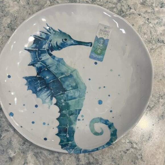 Sigrid Olsen Blue Watercolor Seahorse Turtle MELAMINE 6” Dinner Plates Set Of 4 - Picture 2 of 4